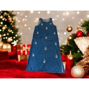 VTG 90s Denim Embroidered‎ Side  Button Up Bo Sleeve Western Maxi Drees  Cottage